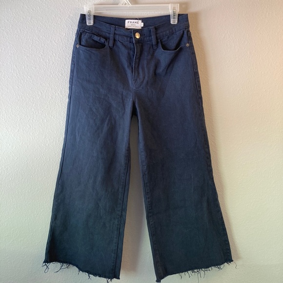 FRAME Navy Wide Leg Cropped Raw Hem Jeans 26 - Picture 3 of 11